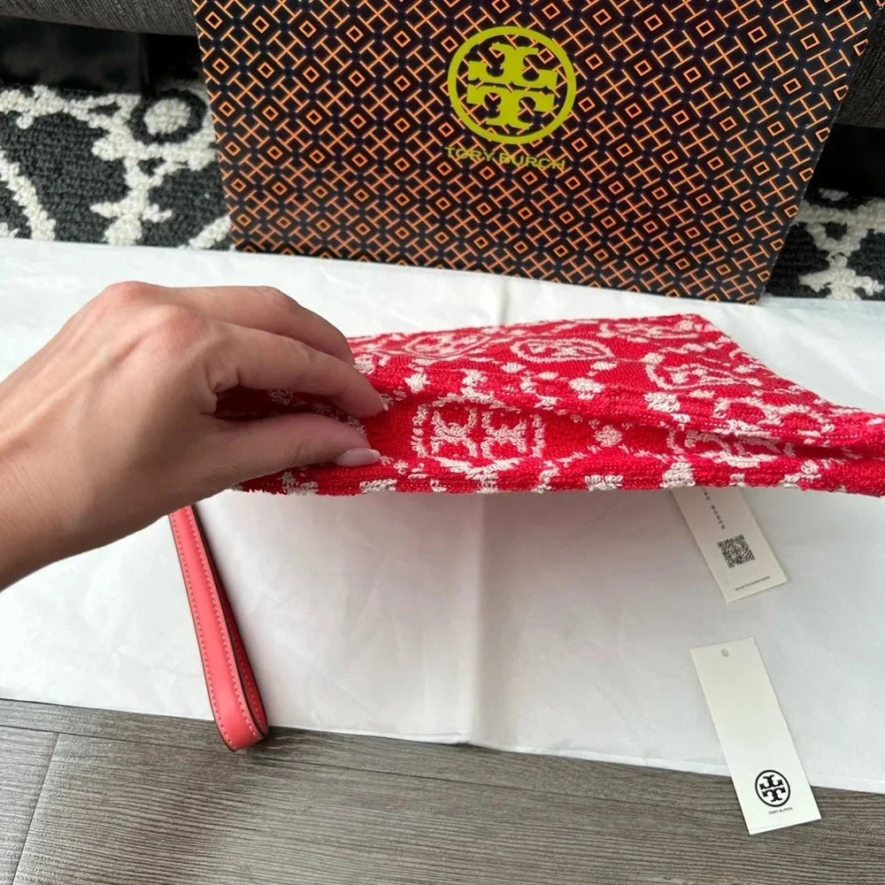Tory Burch T Monogram Terry Pouch Wristlet Strawberry Red White Gold